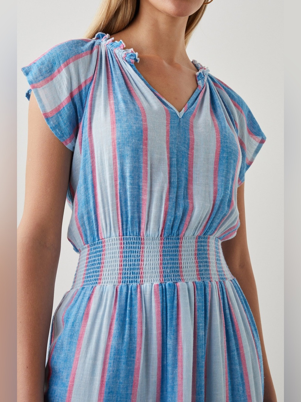 Rails Amellia Kona Striped Blue and Pink Tiered Midi Dress Linen Blend Large - Picture 6 of 13